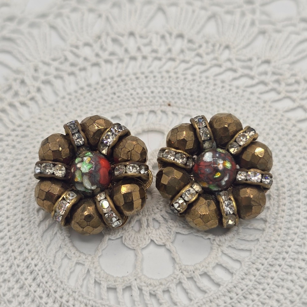 Vintage Hobe Earrings Faceted Crystal Gold Tone Filigree Bead Ab Rhinestone